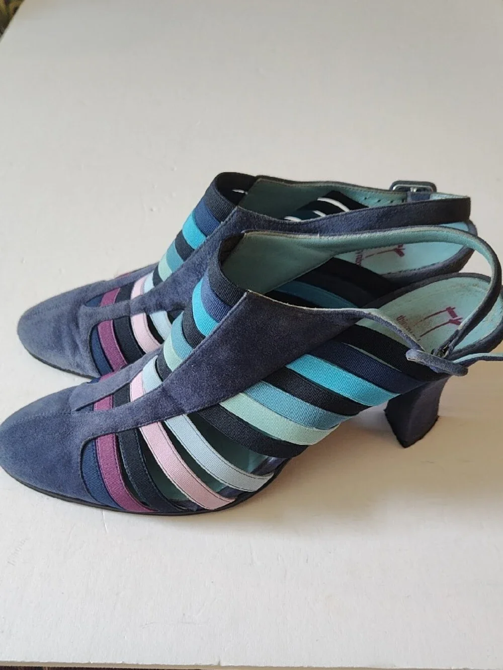 THIERRY RABOTIN Navy Suede Multicolor  Stripe Slingback Heels Size 39.5 US 9.5